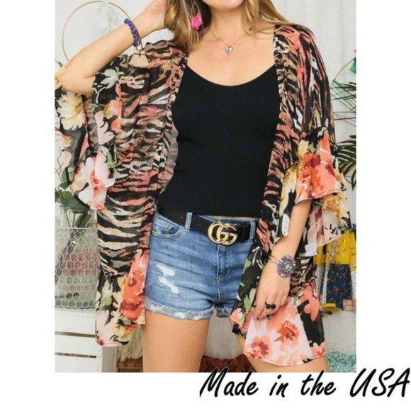 Boutique Tops - Floral & Zebra Kimono with Ruffle Sleeve & Hem